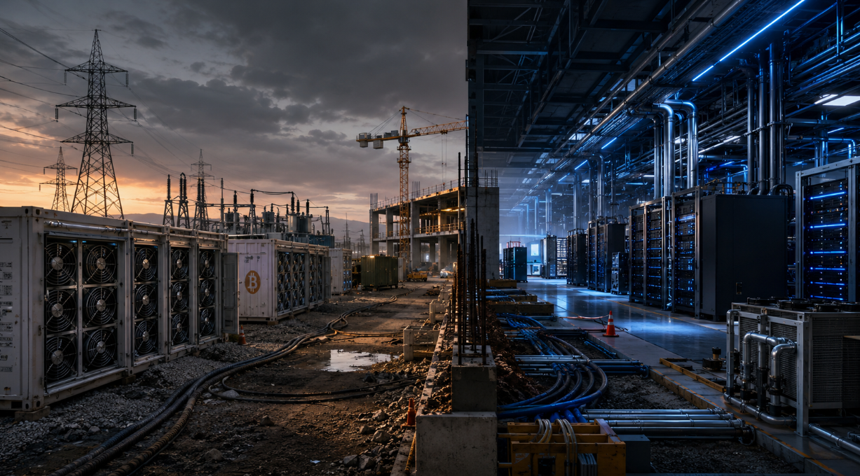 Bitcoin mining site transitioning into an AI data center with power infrastructure and server racks